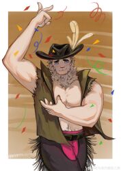 Rule 34 | 1boy, :3, absurdres, aged down, alternate costume, animal ears, arknights, arm up, bara, blush, confetti, cowboy shot, cowboy western, facial hair, furrowed brow, furry, furry male, goatee, highres, large pectorals, male focus, mountain (arknights), muscular, muscular male, navel hair, neck fur, pectoral cleavage, pectorals, short hair, smile, solo, thick eyebrows, tiger boy, tiger ears, torn clothes, torn sleeves, white hair, yingou li de wenyi zhi yuan