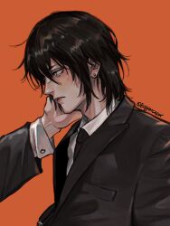 Rule 34 | 1boy, 1other, black jacket, black necktie, chainsaw man, collared shirt, earrings, formal, hair down, hand on another&#039;s face, hayakawa aki, highres, jacket, jewelry, looking at another, looking to the side, male focus, necktie, orange background, shirt, simple background, stud earrings, suit, suit jacket, twitter username, white shirt, zu yuan cesar