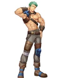 Rule 34 | 1boy, abs, arm behind head, armor, armpits, bare pectorals, belt collar, boots, brown footwear, chest harness, collar, dieck (fire emblem), fire emblem, fire emblem: the binding blade, fire emblem heroes, hand on own hip, harness, highres, large pectorals, looking at viewer, male focus, mikurou (nayuta), multiple scars, muscular, muscular male, navel, nintendo, no nipples, non-web source, official art, pauldrons, pectorals, scar, scar across eye, scar on arm, shoulder armor, single pauldron, solo, spiked pauldrons, transparent background