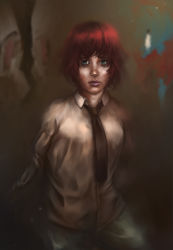 Rule 34 | 10s, 1girl, amputee, armless amputee, crying, double amputee, eduardogaray, gradient background, green eyes, highres, katawa shoujo, necktie, realistic, red hair, short hair, solo, tears, tezuka rin, tied sleeves