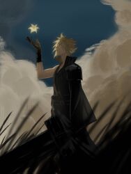 Rule 34 | 1boy, armor, asymmetrical arms, black gloves, blonde hair, blue eyes, blue sky, blurry, cloud, cloud strife, cloudy sky, day, depth of field, final fantasy, final fantasy vii, final fantasy vii advent children, flower, gloves, glowing, glowing flower, grass, hand up, high collar, highres, holding, holding sword, holding weapon, male focus, on grass, outdoors, parted lips, pauldrons, senkawaakatsuki, short hair, shoulder armor, single pauldron, sky, sleeveless, sleeveless turtleneck, solo, spiked hair, sword, turtleneck, weapon, yellow flower