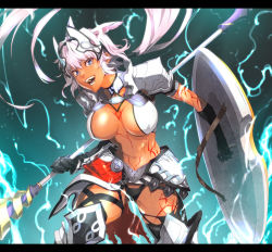 Rule 34 | 1girl, :d, animal ears, armor, black gloves, black thighhighs, blue eyes, breasts, caenis (fate), cleavage, covered erect nipples, dark-skinned female, dark skin, fate/grand order, fate (series), gauntlets, gloves, holding, holding polearm, holding shield, holding spear, holding weapon, letterboxed, long hair, looking at viewer, navel, open mouth, polearm, ponytail, revealing clothes, sami (object dump), shield, smile, solo, spear, tattoo, teeth, thighhighs, very long hair, weapon, white hair