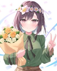 1girl absurdres blush bouquet braid brown_hair collared_shirt flower flower_wreath head_wreath highres holding holding_bouquet hutaba_miyagi long_sleeves looking_at_viewer neck_ribbon project_sekai purple_eyes ribbon rose shinonome_ena shirt shirt_tucked_in short_hair smile solo v white_flower white_rose yellow_flower yellow_rose