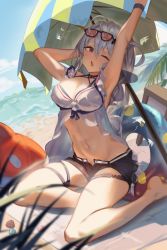 Rule 34 | 1girl, absurdres, arknights, armpits, arms up, bare legs, barefoot, beach, beach umbrella, black shorts, blue sky, breasts, cleavage, cloud, day, eyewear on head, grey hair, hair between eyes, highres, inflatable orca, inflatable toy, large breasts, long hair, looking at viewer, navel, nigoolas, no headwear, ocean, one eye closed, open fly, open mouth, red eyes, shirt, short shorts, shorts, sitting, skadi (arknights), skadi (waverider) (arknights), sky, solo, stomach, sunglasses, thigh strap, thighs, umbrella, water, white shirt, yokozuwari