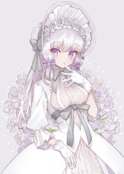 Rule 34 | 1girl, :o, bonnet, bow, breasts, commentary request, dress, finger to mouth, flower, gloves, grey background, grey bow, hair between eyes, hair flower, hair ornament, hand up, long hair, medium breasts, miyoshino, original, parted lips, puffy short sleeves, puffy sleeves, purple eyes, short sleeves, silver hair, solo, very long hair, white dress, white flower, white gloves, white headwear