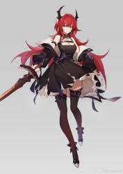 Rule 34 | 1girl, absurdres, arknights, armband, bare shoulders, black dress, black footwear, black thighhighs, breasts, cengziyaozaoshui, chinese commentary, cleavage, commentary request, detached collar, dress, full body, grey background, hair between eyes, highres, holding, holding sword, holding weapon, horns, long hair, looking at viewer, medium breasts, off shoulder, purple eyes, red hair, shoes, short dress, simple background, solo, surtr (arknights), sword, thigh strap, thighhighs, thighs, very long hair, weapon, zettai ryouiki