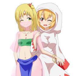 Rule 34 | 2girls, ;), ;d, aki minoriko, aki shizuha, arm hug, bandeau, blonde hair, bracelet, breasts, cato (monocatienus), character request, circlet, cosplay, cowboy shot, dancer, eyebrows, final fantasy, hair ornament, harem outfit, hood, jewelry, large breasts, leaf hair ornament, loincloth, mouth veil, multiple girls, one eye closed, open mouth, pendant, red eyes, siblings, simple background, sisters, small breasts, smile, touhou, veil, white background, white mage (final fantasy), white mage (final fantasy) (cosplay), yellow eyes