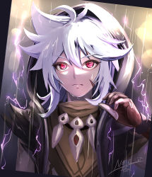 Rule 34 | 1boy, brown gloves, commentary request, electricity, genshin impact, gloves, grey hair, hood, hood up, long hair, looking at viewer, nekobayashi, rain, razor (genshin impact), red eyes, scar, scar on face, solo, upper body
