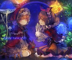 Rule 34 | 2girls, :d, braid, brown eyes, brown hair, rabbit, cha goma, hair ornament, highres, hood, little red riding hood, looking at viewer, multiple girls, open mouth, original, sitting, smile, twin braids