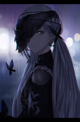 Rule 34 | 1girl, black headwear, bug, butterfly, character request, chinese commentary, commentary request, from side, girls&#039; frontline neural cloud, grey hair, hair ornament, highres, insect, long hair, long sleeves, looking at viewer, looking to the side, mixed-language commentary, mole, mole under eye, one eye covered, parted lips, rain, selcky, upper body