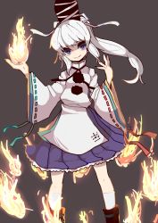 Rule 34 | 1girl, blue eyes, boots, cowboy shot, fire, grey background, hat, head tilt, highres, japanese clothes, kariginu, long hair, looking at viewer, mononobe no futo, ngayope, pom pom (clothes), ponytail, skirt, smile, socks, solo, tate eboshi, touhou, white hair, white socks, wide sleeves