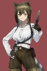 Rule 34 | 1girl, absurdres, animal ears, animal hands, arknights, breasts, brown hair, closed mouth, collared shirt, dagger, drawdrawdeimos, highres, holding, holding dagger, holding knife, holding weapon, knife, long sleeves, raccoon ears, raccoon tail, robin (arknights), shirt, short hair, shorts, solo, tail, weapon, white shirt, yellow eyes