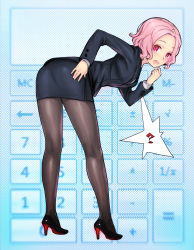 Rule 34 | 1girl, ?, ass, bent over, calculator, formal, from behind, hand on own hip, high heels, jacket, leaning forward, legs, looking back, office lady, original, pantyhose, pencil skirt, pink eyes, pink hair, pumps, shiohara shin&#039;ichi, shoes, short hair, skirt, skirt suit, solo, suit