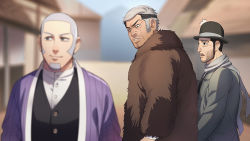 Rule 34 | 3boys, black eyes, black hair, black vest, blurry, blurry foreground, character request, coat, couple, distracted boyfriend (meme), facial hair, foxvulpine, fur coat, goatee, golden kamuy, grey hair, hat, jacket, light smile, long sideburns, looking at another, looking down, male focus, meme, multicolored hair, multiple boys, old, old man, parody, purple jacket, scarf, shiraishi yoshitake, sideburns, simple background, stubble, two-tone hair, upper body, vest