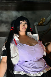Rule 34 | 1girl, absurdres, black hair, breasts, cleavage, cosplay, fat, highres, hoshima mika, huge breasts, long hair, maaru tougou, maaru tougou (cosplay), photo (medium), pochamaider, solo, thick thighs, thighs, twintails, wide hips