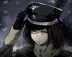 1girl black_gloves black_jacket epaulettes forest frown fur_collar fur_sleeves germany gloves hand_up hat hat_ornament highres insignia jacket kill-chan looking_to_the_side medium_hair military military_dress_uniform military_uniform nature nazi orange_eyes original outdoors peaked_cap reichsadler saki_(c_ybrbnby) shading_eyes sidelocks skull_and_crossbones skull_hat_ornament snow snowing soldier ss_insignia ss_uniform swastika totenkopf tree waffen-ss winter world_war_ii