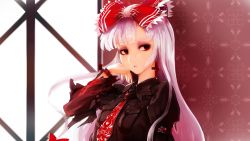 Rule 34 | alternate costume, arm garter, bow, buttons, cross, earrings, eyelashes, frilled bow, frills, fujiwara no mokou, hair bow, hand in own hair, highres, jacket, jewelry, long hair, long sleeves, looking away, necktie, pocket, red bow, red cross, red eyes, red jacket, red necktie, silver hair, sinzan, solo, torn clothes, touhou, window