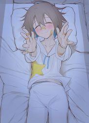 Rule 34 | 1girl, bandaid, bandaid on face, bandaid on nose, bed, blush, brown hair, closed eyes, closed mouth, collarbone, do it yourself!!, lying, navel, on back, on bed, pajamas, reaching, reaching towards viewer, short hair, smile, solo, yontomapochi, yua serufu
