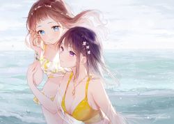 Rule 34 | 2girls, artist name, bikini, blue eyes, blush, bracelet, breasts, brown hair, cleavage, closed mouth, collarbone, day, floating hair, flower, gomzi, hair flower, hair ornament, hairclip, holding, jewelry, large breasts, lemon print, long hair, medium breasts, multiple girls, necklace, ocean, off shoulder, original, outdoors, print bikini, purple eyes, purple hair, seashell, seashell to ear, see-through, shell, signature, smile, swimsuit, upper body, water, white bikini, white flower, wind, x hair ornament, yellow bikini