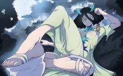Rule 34 | 1girl, absurdres, aqua eyes, arm up, between breasts, black hair, breasts, character request, commentary, commission, convenient leg, covered erect nipples, dr. stone, dress, english commentary, feet, foot focus, foreshortening, green dress, hair between eyes, hair ornament, highres, holding, impossible clothes, impossible dress, kirisame (dr. stone), knee up, large areolae, legs, looking at viewer, medium breasts, medium hair, on ground, orphen (pink seito), outdoors, pixiv commission, platform clogs, platform footwear, sandals, see-through, see-through dress, shadow, sitting, solo, toenails, toes, turtleneck, v-shaped eyebrows