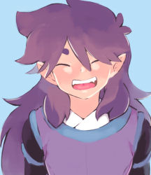 Rule 34 | 1boy, blue background, closed eyes, fengxi (the legend of luoxiaohei), long hair, open mouth, pointy ears, purple hair, ryoto 328, shadow, simple background, solo, luo xiaohei zhanji, upper body