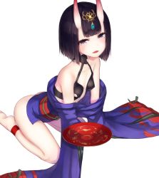 Rule 34 | 1girl, alcohol, ankleband, arm support, ass, bare shoulders, barefoot, black hair, blunt bangs, bob cut, breasts, cup, fangs, fate/grand order, fate (series), gem, hair ornament, hikimayu, holding, holding cup, horns, japanese clothes, kimono, leaning forward, looking at viewer, munuu, obi, off shoulder, oni, open mouth, purple eyes, revealing clothes, sakazuki, sake, sash, seiza, short hair, shuten douji (fate), simple background, sitting, skin-covered horns, small breasts, solo, white background, wide sleeves