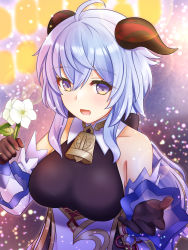 Rule 34 | 1girl, ahoge, bare shoulders, bell, black gloves, blue hair, blush, breasts, detached sleeves, flower, ganyu (genshin impact), genshin impact, gloves, highres, holding, holding flower, horns, large breasts, long hair, looking at viewer, neck bell, nyabe, open mouth, purple eyes, qingxin flower, sidelocks, smile, solo, upper body, white flower, white sleeves
