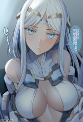Rule 34 | 1girl, bare shoulders, blue eyes, breasts, circlet, cleavage, elbow gloves, expressionless, fate/grand order, fate (series), galatea (fate), gloves, highres, large breasts, long hair, looking at viewer, solo, translated, twitter username, unadon, white hair