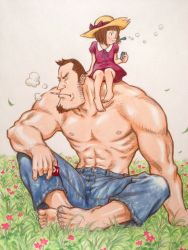 Rule 34 | 1boy, 1girl, abs, absurdres, barefoot, brown hair, blowing bubbles, child, cigarette, cigarette pack, denim, dress, eisaku11, facial hair, feet, flower, goatee, grass, hat, highres, jeans, kubonouchi eisaku, manly, muscular, original, pants, pectorals, topless male, short hair, size difference, smoking, soles, toes, traditional media