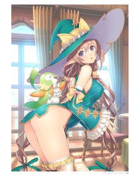 Rule 34 | 1girl, :o, animal, arched back, ass, bare shoulders, bird, boots, bow, breasts, brown hair, carpet, chair, china dress, chinese clothes, covered erect nipples, cowboy shot, curtains, detached sleeves, dress, drill hair, elf, closed eyes, frilled sleeves, frilled thighhighs, frills, from side, green dress, halterneck, hat, hat bow, highres, impossible clothes, lace, lace-trimmed legwear, lace trim, large breasts, leaning forward, long hair, long sleeves, looking at viewer, low-tied long hair, low twintails, microdress, no panties, official art, open mouth, own hands together, pointy ears, purple eyes, ribbon, rinna mayfield, scrunchie, shining (series), shining resonance, side slit, sidelocks, sleeveless, sleeveless dress, sleeves past wrists, solo, table, taut clothes, taut dress, thigh boots, thighhighs, thighs, tony taka, turtleneck, twin drills, twintails, very long hair, wide sleeves, window, witch hat, wooden floor