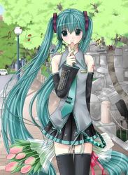 Rule 34 | 1girl, aqua eyes, aqua hair, beamed quavers, bouquet, bow, detached sleeves, female focus, flower, hatsune miku, headphones, headset, highres, kuroinu, lamppost, long hair, looking at viewer, microphone, musical note, necktie, outdoors, quaver, ribbon, skirt, solo, stairs, thighhighs, tree, tulip, twintails, vocaloid, zettai ryouiki