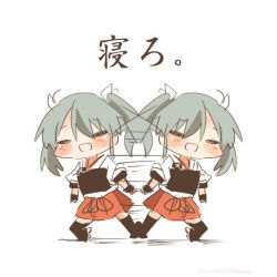 Rule 34 | 10s, 1girl, blush, closed eyes, grey hair, kantai collection, lowres, open mouth, rebecca (keinelove), ribbon, short hair, smile, translated, twintails, zuikaku (kancolle)