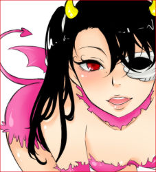 Rule 34 | 1girl, arrancar, bare shoulders, bent over, black hair, bleach, cosplay, demon tail, detached sleeves, fake tail, horns, kuloco, loly aivirrne, long hair, looking at viewer, open mouth, red eyes, skull, solo, tail, twintails