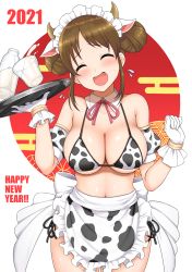 Rule 34 | 1girl, 2021, absurdres, animal print, apron, bikini, blush, bottle, bow, bowtie, breasts, brown hair, chinese zodiac, cleavage, clenched hand, closed eyes, cow print, detached collar, double bun, gloves, hair bun, hands up, happy new year, highres, holding, holding tray, large breasts, looking at viewer, milk, milk bottle, new year, open mouth, princess connect!, red bow, red bowtie, short hair, smile, solo, suzume (princess connect!), swimsuit, tray, waist apron, white gloves, year of the ox, yue (show-ei)