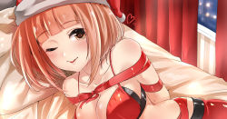 Rule 34 | 1girl, ;p, arms behind back, bare shoulders, bdsm, bed sheet, bikini, bikini top only, blunt bangs, blush, bondage, bound, bound arms, breasts, christmas, cleavage, closed mouth, collarbone, curtains, hat, heart, heart-shaped pupils, highres, idolmaster, idolmaster cinderella girls, kitami yuzu, looking at viewer, murabito c, one eye closed, orange hair, pillow, red bikini, red hat, red ribbon, ribbon, ribbon bondage, santa hat, shiny clothes, shiny skin, short hair, smile, solo, swimsuit, symbol-shaped pupils, tareme, tongue, tongue out