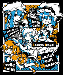 Rule 34 | &gt;:d, 4girls, :d, black eyes, blonde hair, bow, crossed arms, english text, engrish text, fang, flandre scarlet, hair bow, hair ornament, hair ribbon, hat, izayoi sakuya, long hair, maid, maid headdress, mob cap, multiple girls, noya makoto, open mouth, patchouli knowledge, pointy ears, ranguage, remilia scarlet, ribbon, scarlet devil mansion, short hair, smile, text focus, touhou, v-shaped eyebrows, white hair, wings, wrist cuffs, yellow eyes