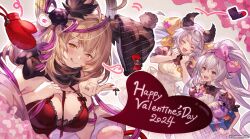 Rule 34 | 2024, 3girls, = =, ahoge, animal ears, apron, babydoll, beanie, blush, bow, bow hairband, box, breasts, brown hair, brown shirt, chocolate, cleavage, clenched hands, closed mouth, company name, copyright notice, fang, flower, gift, gift box, granblue fantasy, grey hair, hair bow, hair flower, hair ornament, hairband, happy valentine, hat, heart, hekate (granblue fantasy), holding, holding gift, large breasts, licking lips, long hair, looking at viewer, medium breasts, medusa (shingeki no bahamut), medusa (valentine) (granblue fantasy), mittens, multiple girls, official art, open mouth, orange eyes, pointy ears, ponytail, red nails, ribbon, satyr (granblue fantasy), shirt, short sleeves, smile, standing, tongue, tongue out, upper body, v-shaped eyebrows