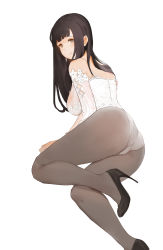 Rule 34 | 1girl, arm support, ass, black footwear, black hair, blunt bangs, blush, breasts, brown eyes, brown pantyhose, camisole, copyright request, detached sleeves, feet out of frame, gaoerji, high heels, highres, large breasts, long hair, long sleeves, looking at viewer, looking back, lying, no pants, on side, panties, panties under pantyhose, pantyhose, see-through, simple background, solo, spaghetti strap, thighs, trefoil, underwear, white background, white panties