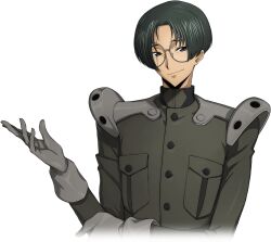 Rule 34 | 1boy, armor, artist request, asahina shougo, black hair, blue eyes, bob cut, breast pocket, buttons, closed mouth, code geass, code geass: lost stories, cropped torso, game cg, glasses, gloves, green jacket, grey-framed eyewear, grey gloves, hair intakes, half-closed eyes, hand up, happy, holding own arm, jacket, long sleeves, looking at viewer, male focus, military uniform, non-web source, official art, parted bangs, pocket, round eyewear, short hair, shoulder armor, sidelocks, simple background, smile, solo, standing, transparent background, uniform, upper body