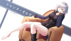 Rule 34 | 1girl, ahoge, armchair, barefoot, boots, breasts, chair, fate/grand order, fate (series), feet, head rest, jeanne d&#039;arc (fate), jeanne d&#039;arc alter (fate), jeanne d&#039;arc alter (ver. shinjuku 1999) (fate), jewelry, large breasts, looking at viewer, nail polish, necklace, official alternate costume, parted lips, revision, shoes, unworn shoes, silver hair, single shoe, sitting, smile, solo, toenail polish, toenails, toes, translated, v-shaped eyebrows, yellow eyes, yuunagi (0217)