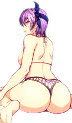 Rule 34 | 1girl, 846-gou, ass, ayane (doa), back, bad id, bad pixiv id, bare arms, bare shoulders, barefoot, bikini, blush, breasts, commentary request, dead or alive, dead or alive xtreme, headband, highres, looking at viewer, looking back, medium breasts, parted lips, profile, purple bikini, purple hair, red eyes, short hair, shoulder blades, sideboob, simple background, sitting, sketch, soles, solo, swimsuit, thighs, wariza