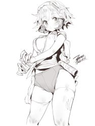 Rule 34 | 1girl, blush, breasts, character request, closed mouth, dated, ejami, greyscale, looking at viewer, monochrome, short hair, shorts, signature, simple background, solo, thighhighs, white background