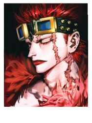 Rule 34 | 1boy, absurdres, border, closed eyes, closed mouth, coat, commentary request, eustass kid, fur coat, goggles, goggles on head, highres, male focus, one piece, onigirimayora, red hair, scar, scar across eye, scar on face, short hair, solo, white border