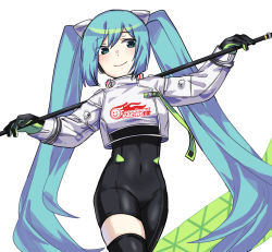 Rule 34 | 1girl, absurdres, aqua eyes, aqua hair, asymmetrical clothes, asymmetrical legwear, black bodysuit, black footwear, black gloves, black thighhighs, bodysuit, bodysuit under clothes, covered navel, crop top, crop top overhang, cropped jacket, esy, female focus, flag, gloves, goodsmile racing, green gloves, hair between eyes, hatsune miku, headgear, highres, holding, holding flag, jacket, linea alba, long hair, long sleeves, looking to the side, over shoulder, racing miku, racing miku (2022), raised eyebrows, sidelocks, single thighhigh, smile, solo, thighhighs, twintails, two-tone gloves, very long hair, vocaloid, white background, white jacket