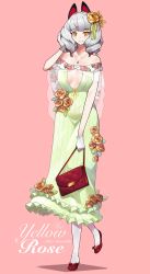 Rule 34 | 1girl, absurdres, bag, bare shoulders, blush, breasts, breasts apart, carmilla (fate), collarbone, commentary, dress, drill hair, english commentary, fate/grand order, fate (series), flower, gloves, grey hair, hair flower, hair ornament, handbag, highres, jewelry, long dress, looking at viewer, monkey jon, necklace, orange flower, orange rose, pink background, rose, short hair, smile, white gloves, yellow dress, yellow eyes