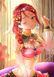 Rule 34 | 1girl, absurdres, ahoge, arabian clothes, armlet, artist name, artist request, bare shoulders, blush, braid, crop top, dancer, detached sleeves, earrings, female focus, hair vines, head chain, highres, jewelry, long hair, looking at viewer, love live!, love live! school idol festival, love live! sunshine!!, navel, necklace, one eye closed, parted lips, puffy sleeves, red hair, sakurauchi riko, sash, see-through, see-through sleeves, short hair, showgirl skirt, single braid, sleeveless, smile, solo, yellow eyes