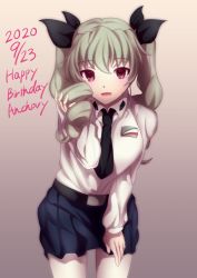 Rule 34 | 1girl, 9s0ykoyama117, absurdres, anchovy (girls und panzer), anzio school uniform, belt, black belt, black necktie, black ribbon, black skirt, character name, commentary, cowboy shot, dated, dress shirt, drill hair, emblem, english text, girls und panzer, green hair, grey background, hair ribbon, hand in own hair, hand on own thigh, happy birthday, highres, leaning forward, long hair, long sleeves, looking at viewer, miniskirt, necktie, open mouth, pantyhose, pleated skirt, red eyes, ribbon, school uniform, shirt, skirt, smile, solo, standing, twin drills, twintails, white pantyhose, white shirt, wing collar