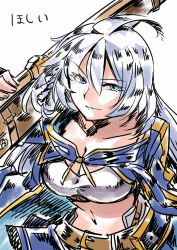 Rule 34 | &gt;:), 10s, 1girl, ahoge, belt, blue eyes, breasts, cleavage, collarbone, female focus, granblue fantasy, gun, large breasts, long hair, navel, over shoulder, silva (granblue fantasy), simple background, smile, solo, tukiwani, v-shaped eyebrows, weapon, weapon over shoulder, white background, white hair