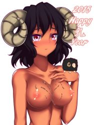 Rule 34 | 1girl, 2015, animal ears, black hair, blush, breasts, chocolate, chocolate on body, chocolate on breasts, closed mouth, collarbone, dark-skinned female, dark skin, food on body, hand on own chest, happy new year, highres, horns, kuroleo, looking at viewer, medium breasts, new year, nipples, nose blush, nude, original, pink eyes, sheep, sheep ears, sheep girl, sheep horns, short hair, simple background, solo, tears, upper body, white background