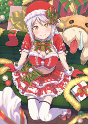 Rule 34 | 1girl, bell, blush, box, breasts, capelet, christmas, christmas ornaments, cleavage, closed mouth, couch, cowbell, crop top, eve santaclaus, gift, gift box, gloves, hair ornament, hat, highres, idolmaster, idolmaster cinderella girls, idolmaster cinderella girls starlight stage, long hair, looking at viewer, looking up, medium breasts, merry christmas, navel, nonono (1399900), red capelet, red skirt, reindeer, santa costume, santa hat, sitting, skirt, smile, snot, snowflakes, solo, thighhighs, white hair, yellow eyes, zettai ryouiki
